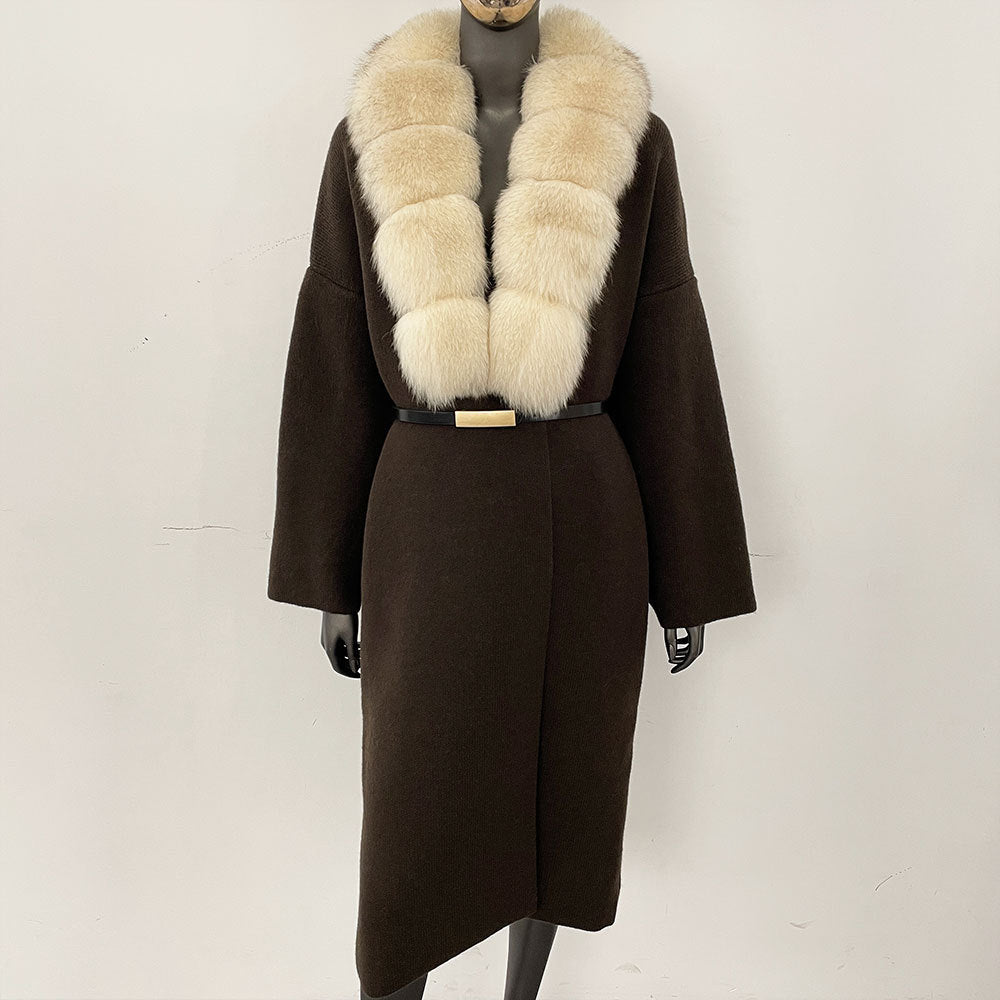 Förtjockad lång räv pälskrage europeisk och amerikansk ny lat stil mode kofta stickad tröja jacka kvinnor