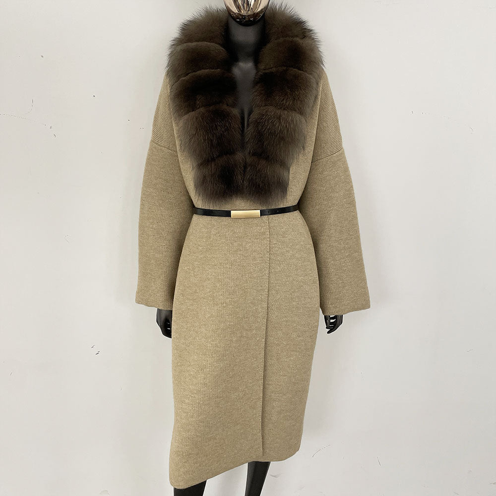 Förtjockad lång räv pälskrage europeisk och amerikansk ny lat stil mode kofta stickad tröja jacka kvinnor