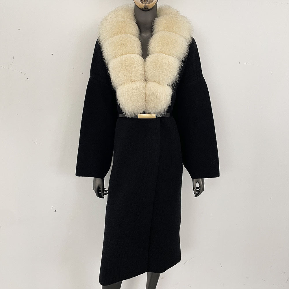 Förtjockad lång räv pälskrage europeisk och amerikansk ny lat stil mode kofta stickad tröja jacka kvinnor