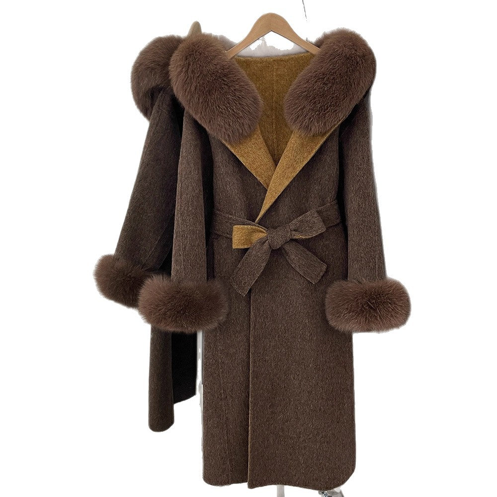 Fabrik direktförsäljning ny 2025 höst och vinter räv päls krage huva dubbelsidig ull kappa dam ull ärmar ull kappa