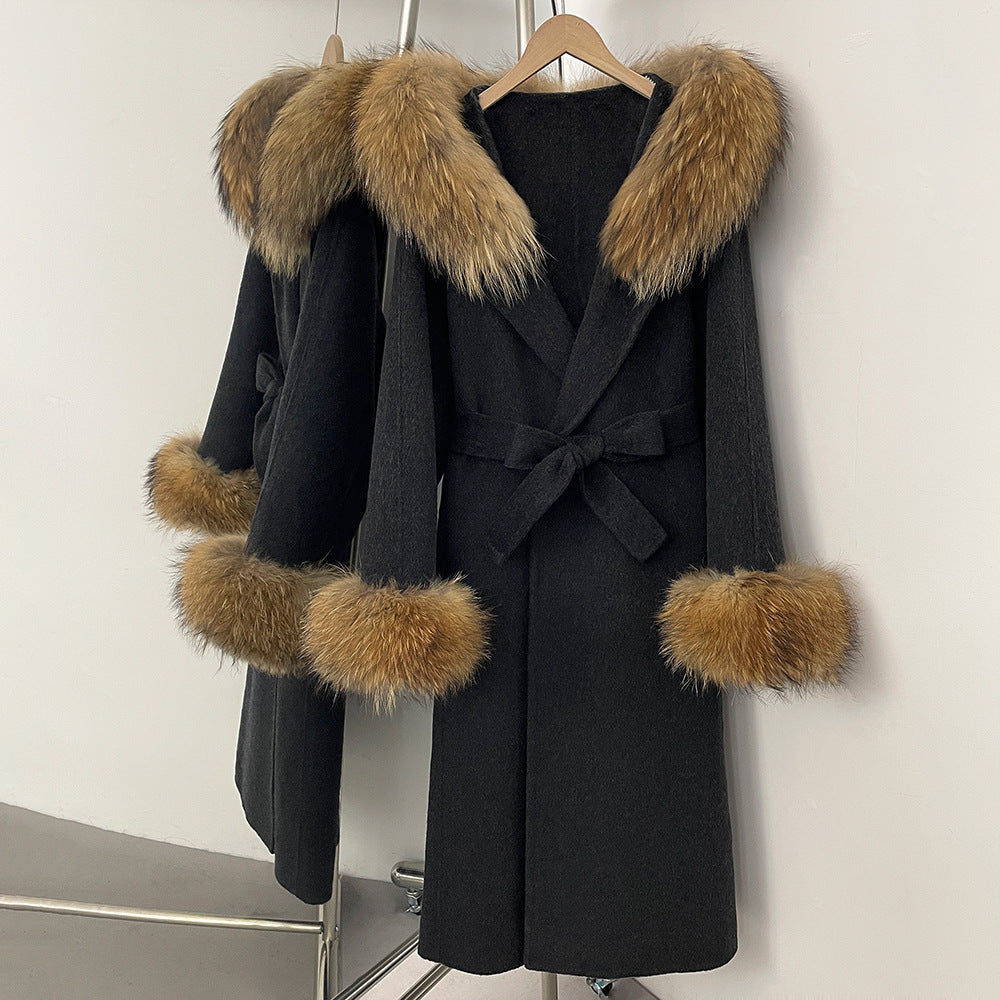 Fabrik direktförsäljning ny 2025 höst och vinter räv päls krage huva dubbelsidig ull kappa dam ull ärmar ull kappa