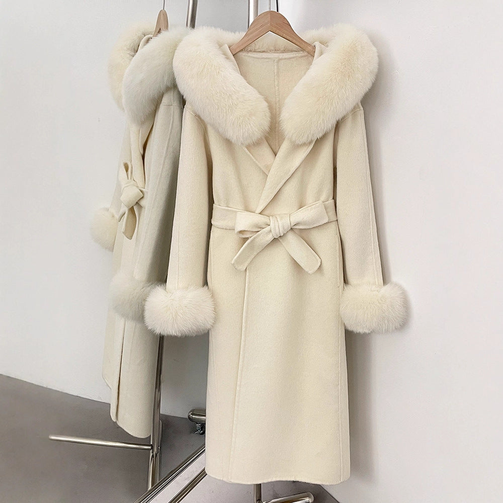 Fabrik direktförsäljning ny 2025 höst och vinter räv päls krage huva dubbelsidig ull kappa dam ull ärmar ull kappa