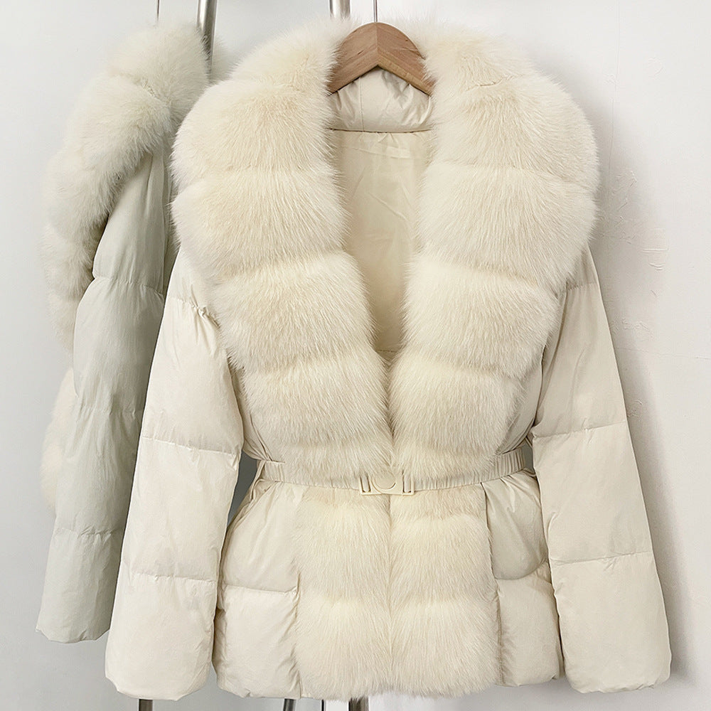 Gränsöverskridande populär plats 2025 vinter medium och lång midja överdimensionerad räv päls krage dyra high-end dunjacka kvinnor