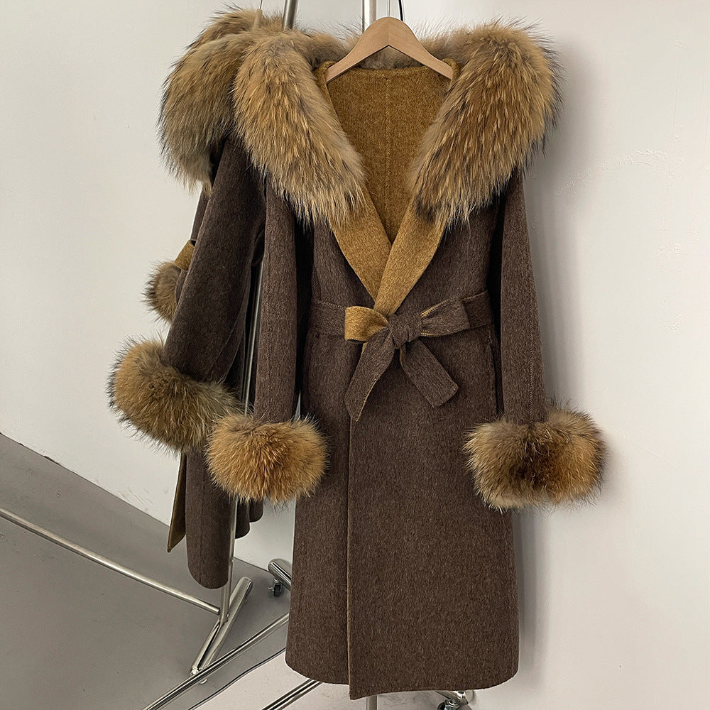 Fabrik direktförsäljning ny 2025 höst och vinter räv päls krage huva dubbelsidig ull kappa dam ull ärmar ull kappa