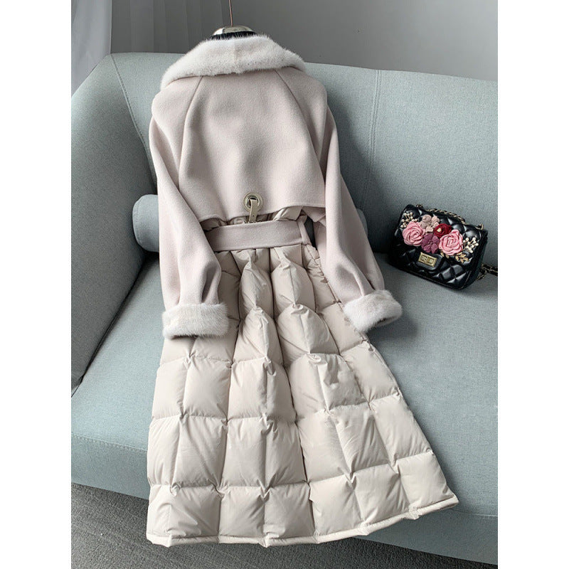Ny hel mink krage ullrock europeisk version tunn dubbelsidig nylon vit anka dunjacka lång tunn trenchcoat kvinnlig vinter