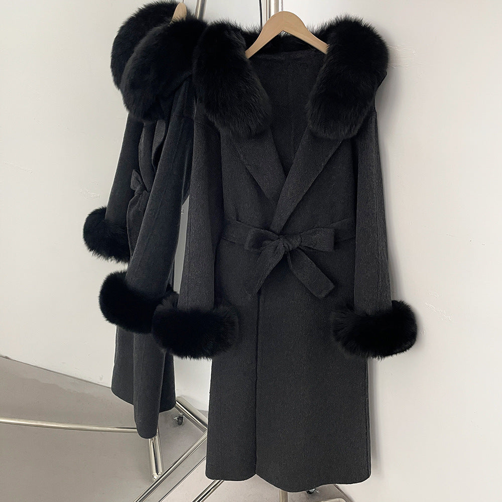 Fabrik direktförsäljning ny 2025 höst och vinter räv päls krage huva dubbelsidig ull kappa dam ull ärmar ull kappa