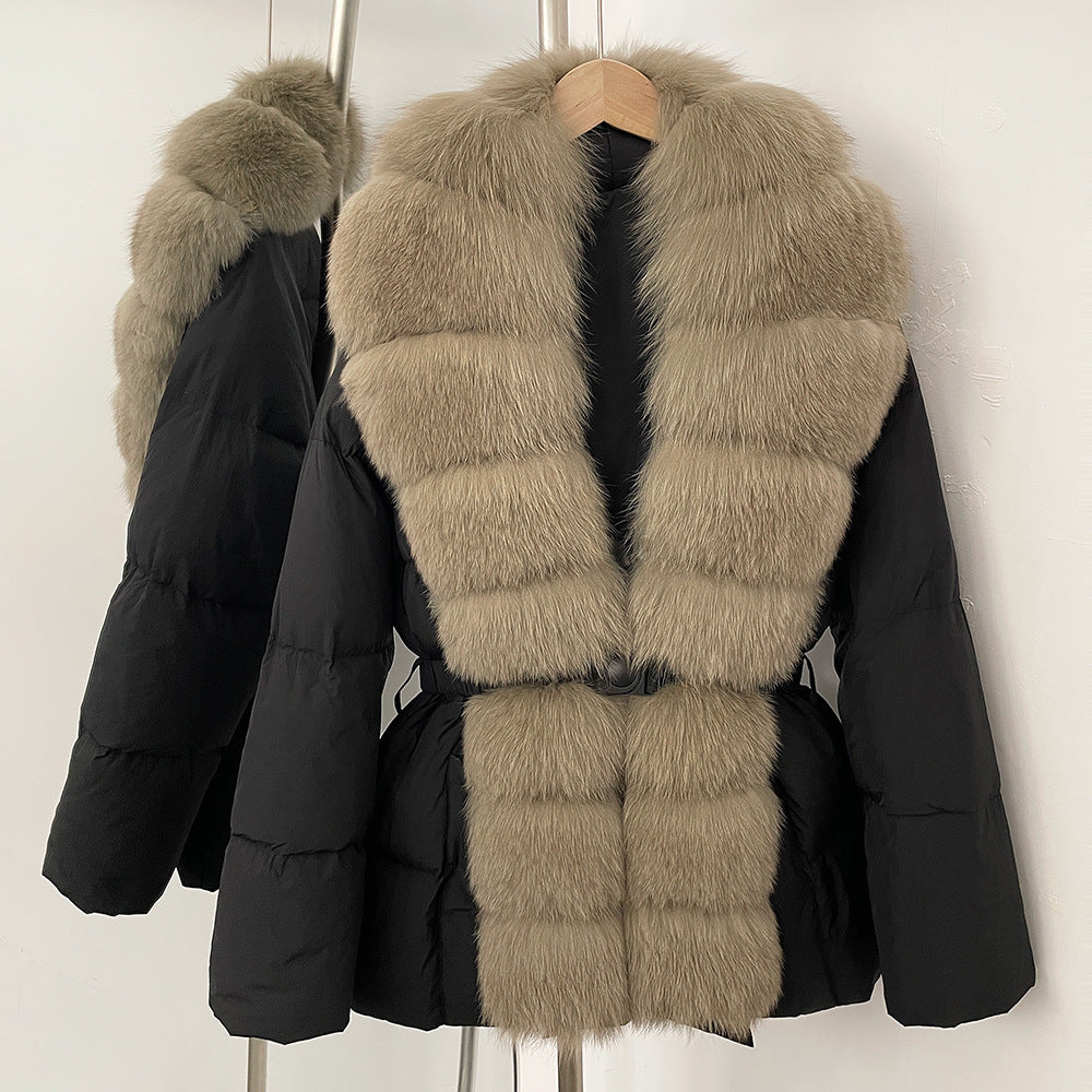 Gränsöverskridande populär plats 2025 vinter medium och lång midja överdimensionerad räv päls krage dyra high-end dunjacka kvinnor