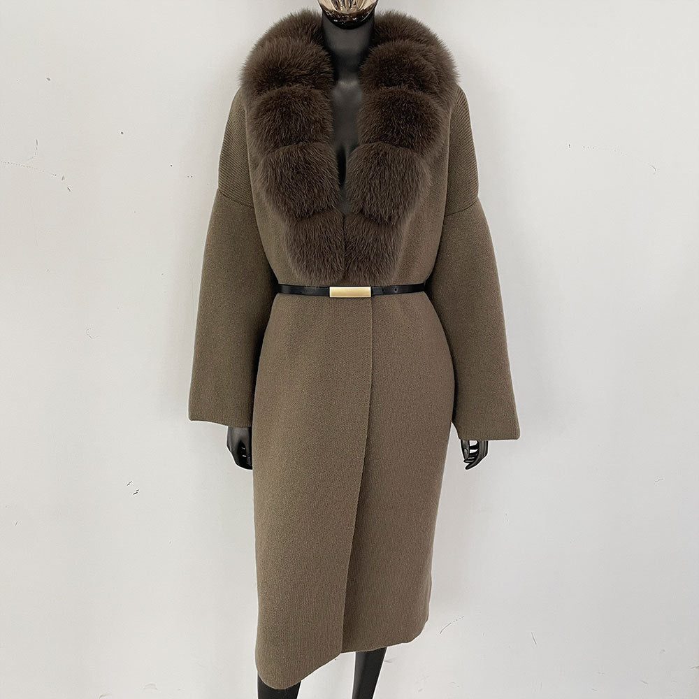 Förtjockad lång räv pälskrage europeisk och amerikansk ny lat stil mode kofta stickad tröja jacka kvinnor