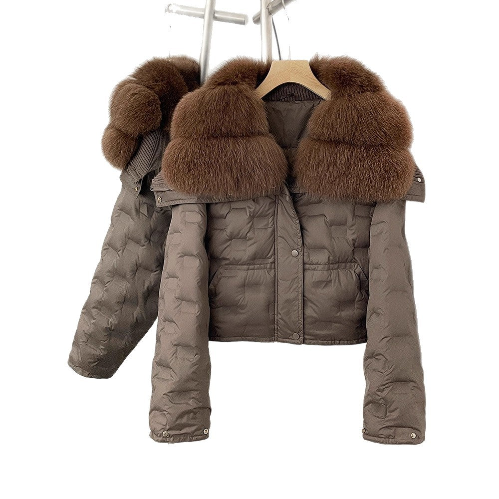 Super snygg koreansk version av storhårig kavaj kort dunjacka för kvinnors vinter explosion geometriska mönster design vit anka dunjacka