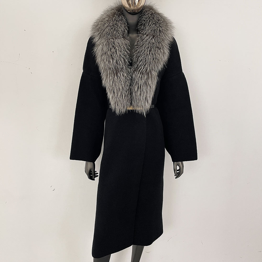 Förtjockad lång räv pälskrage europeisk och amerikansk ny lat stil mode kofta stickad tröja jacka kvinnor