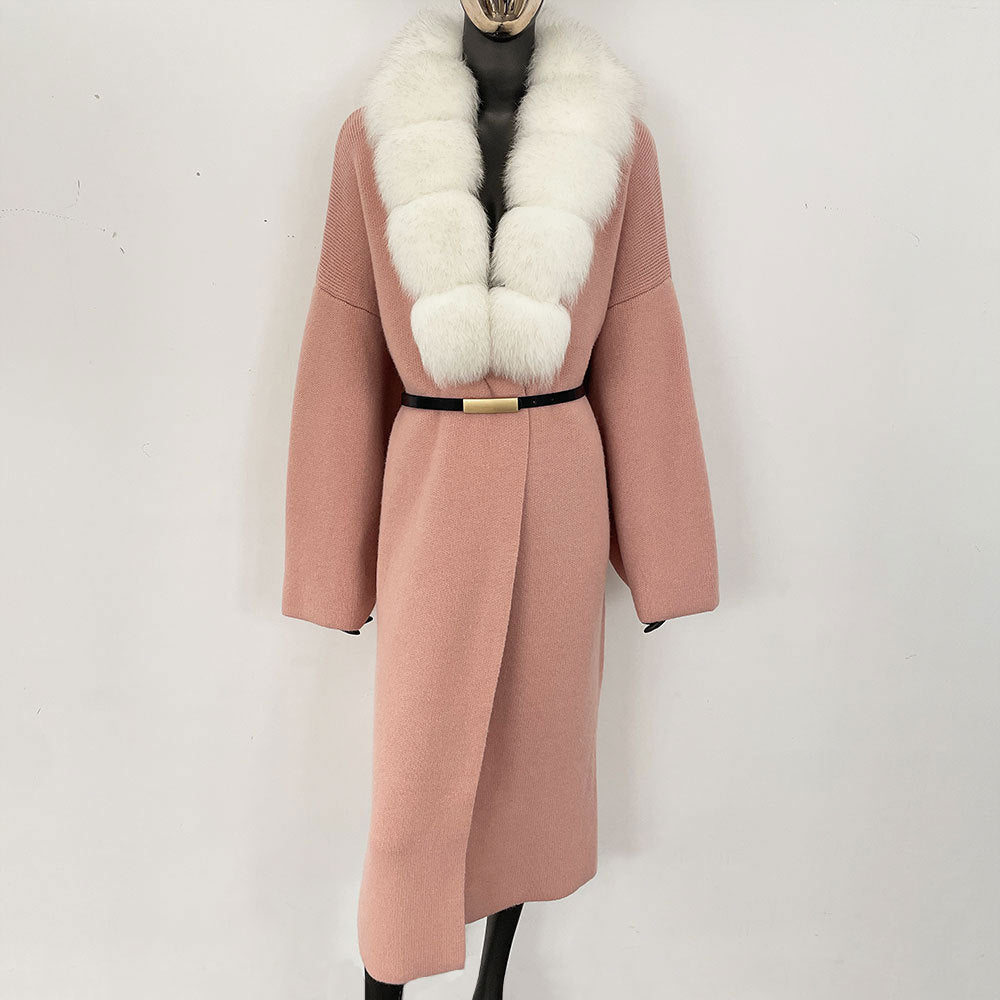 Förtjockad lång räv pälskrage europeisk och amerikansk ny lat stil mode kofta stickad tröja jacka kvinnor