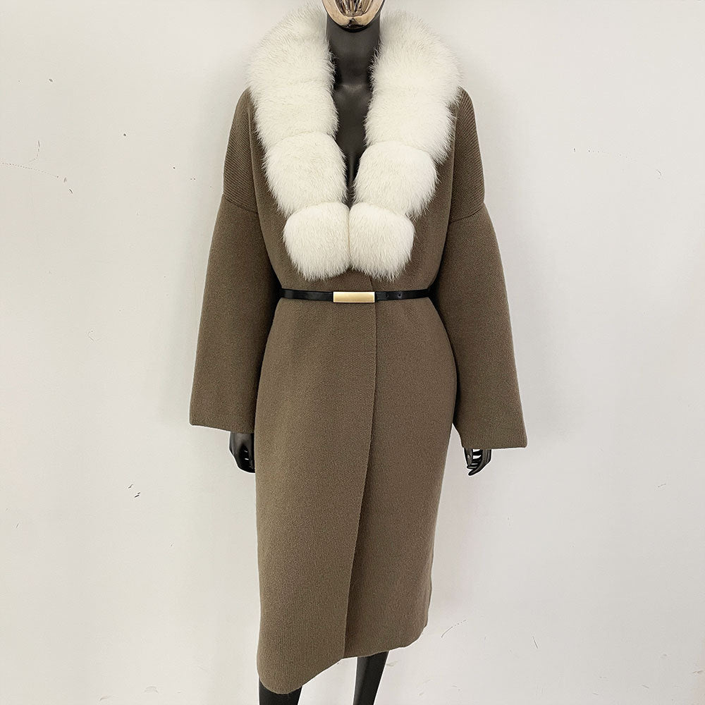 Förtjockad lång räv pälskrage europeisk och amerikansk ny lat stil mode kofta stickad tröja jacka kvinnor