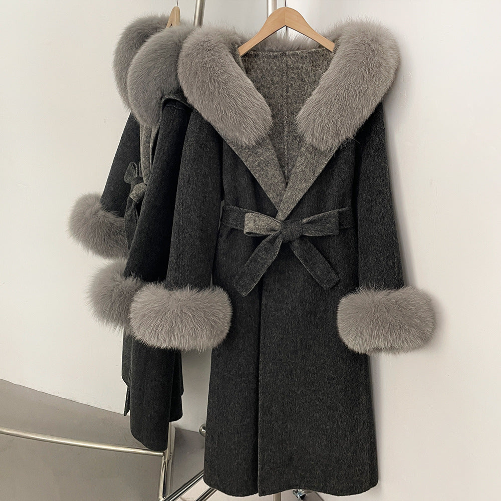 Fabrik direktförsäljning ny 2025 höst och vinter räv päls krage huva dubbelsidig ull kappa dam ull ärmar ull kappa