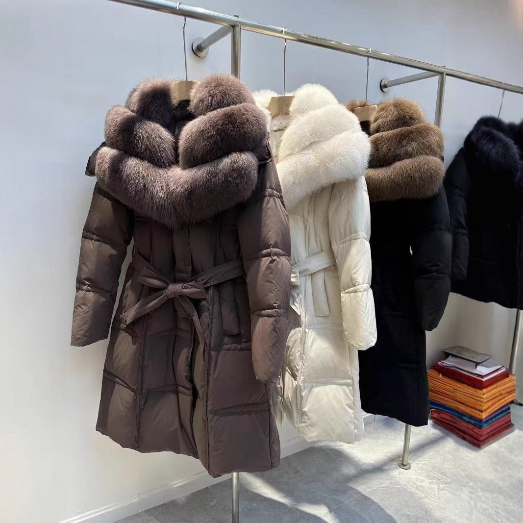 Kvinnors överdimensionerade räv päls krage vinter nytt mode främmande utseende tunn medium och lång kavaj vit anka dunjacka kvinnor