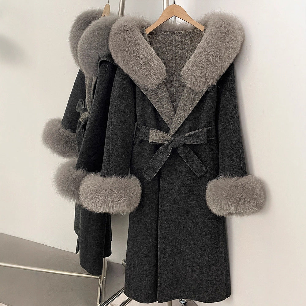 Fabrik direktförsäljning ny 2025 höst och vinter räv päls krage huva dubbelsidig ull kappa dam ull ärmar ull kappa