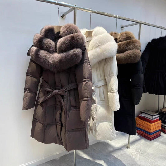 Kvinnors överdimensionerade räv päls krage vinter nytt mode främmande utseende tunn medium och lång kavaj vit anka dunjacka kvinnor