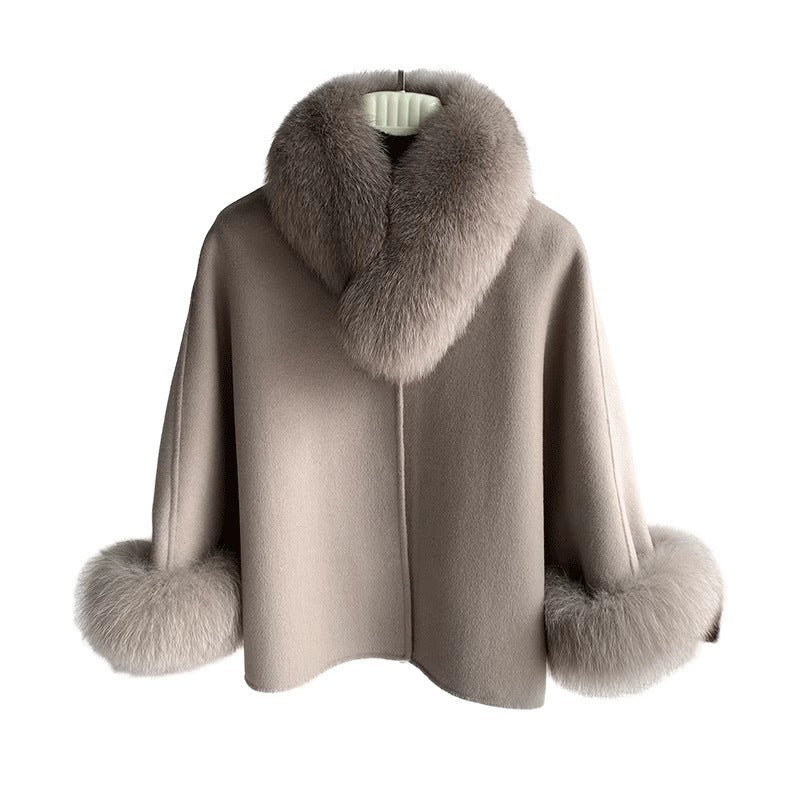 Fox päls jacka kvinnor kort 2024 nya dubbelsidig ull avtagbar sjal