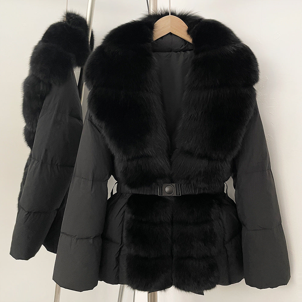 Gränsöverskridande populär plats 2025 vinter medium och lång midja överdimensionerad räv päls krage dyra high-end dunjacka kvinnor