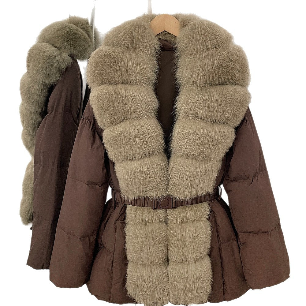 Gränsöverskridande populär plats 2025 vinter medium och lång midja överdimensionerad räv päls krage dyra high-end dunjacka kvinnor