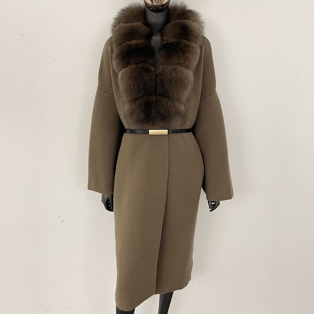 Förtjockad lång räv pälskrage europeisk och amerikansk ny lat stil mode kofta stickad tröja jacka kvinnor