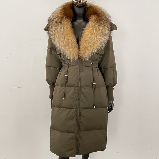 Women's long down jacket, fur jacket, women's clothing, oversized fur collar, fox hair over the knee, fashionable warmth, waist and thin