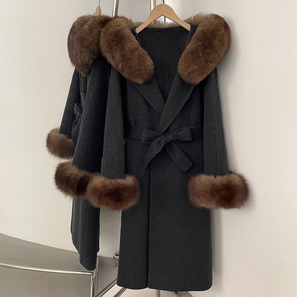 Fabrik direktförsäljning ny 2025 höst och vinter räv päls krage huva dubbelsidig ull kappa dam ull ärmar ull kappa
