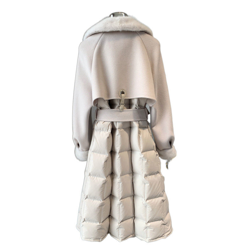 Ny hel mink krage ullrock europeisk version tunn dubbelsidig nylon vit anka dunjacka lång tunn trenchcoat kvinnlig vinter