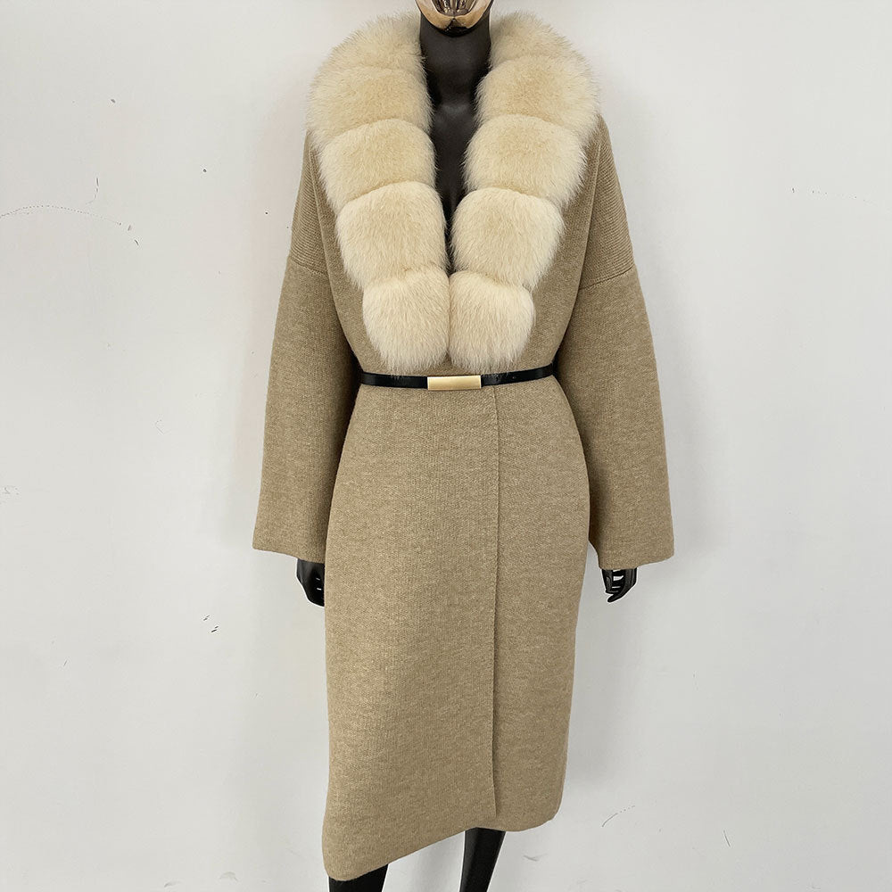 Förtjockad lång räv pälskrage europeisk och amerikansk ny lat stil mode kofta stickad tröja jacka kvinnor