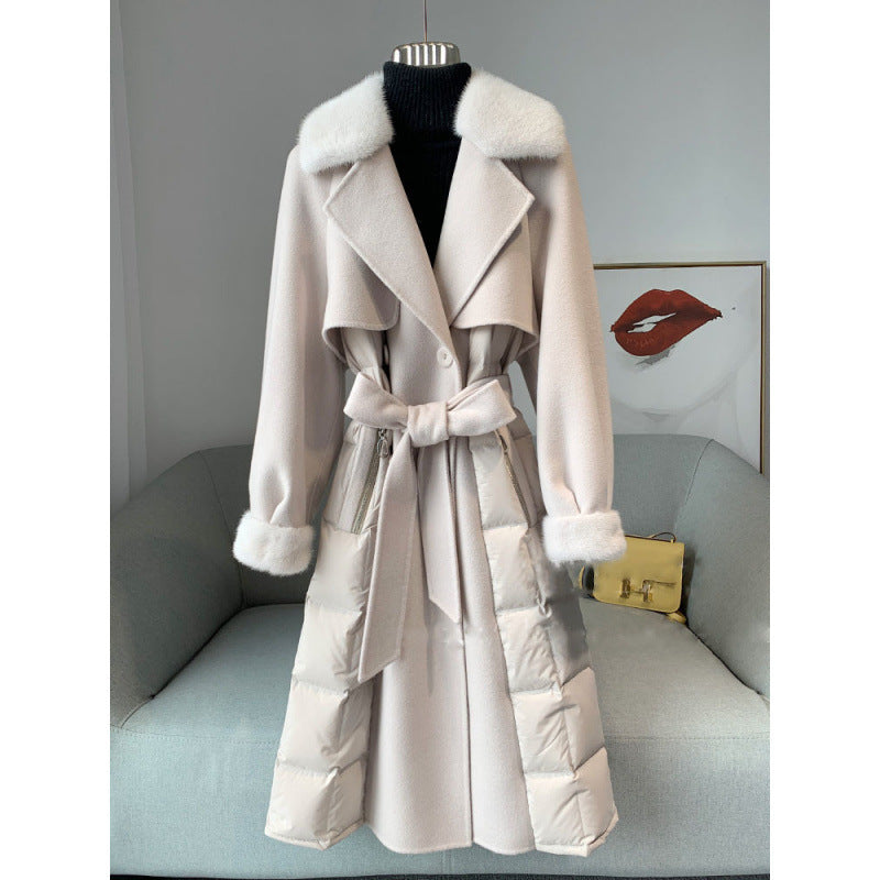 Ny hel mink krage ullrock europeisk version tunn dubbelsidig nylon vit anka dunjacka lång tunn trenchcoat kvinnlig vinter