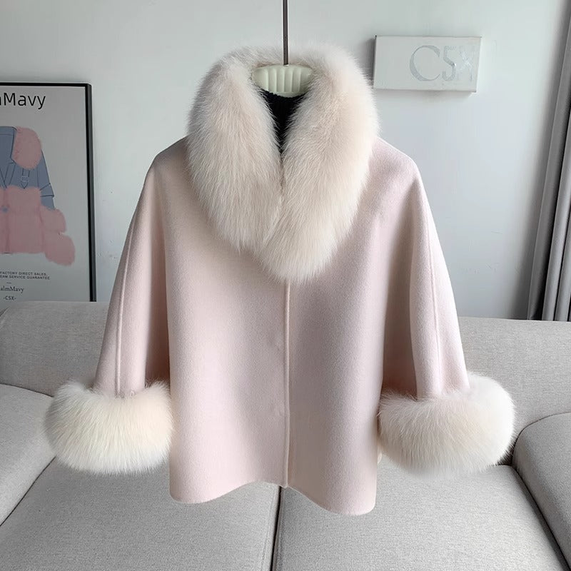 Fox päls jacka kvinnor kort 2024 nya dubbelsidig ull avtagbar sjal