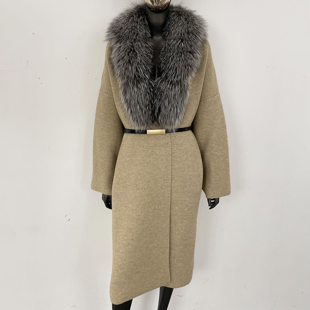 Förtjockad lång räv pälskrage europeisk och amerikansk ny lat stil mode kofta stickad tröja jacka kvinnor