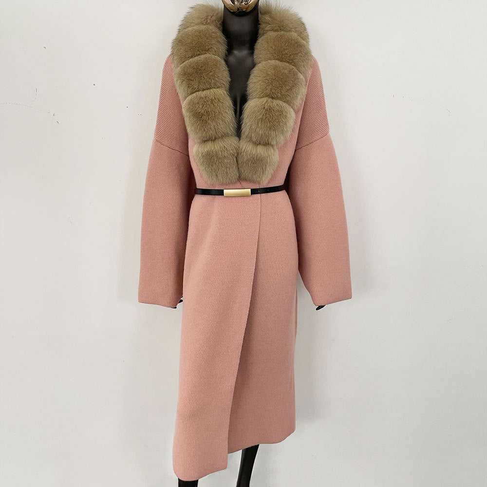 Förtjockad lång räv pälskrage europeisk och amerikansk ny lat stil mode kofta stickad tröja jacka kvinnor