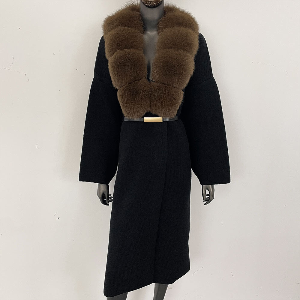 Förtjockad lång räv pälskrage europeisk och amerikansk ny lat stil mode kofta stickad tröja jacka kvinnor