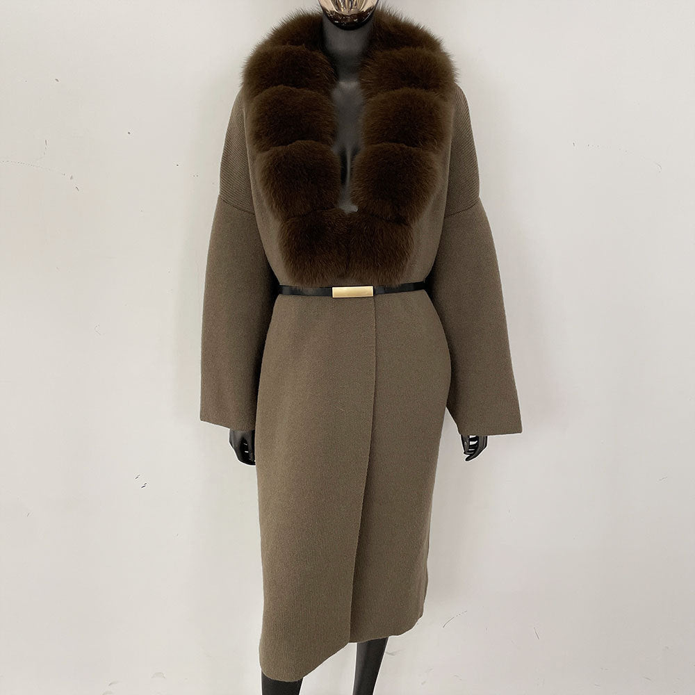 Förtjockad lång räv pälskrage europeisk och amerikansk ny lat stil mode kofta stickad tröja jacka kvinnor