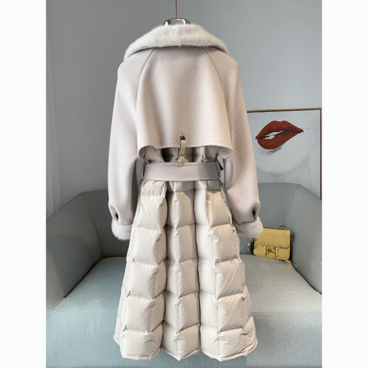 Ny hel mink krage ullrock europeisk version tunn dubbelsidig nylon vit anka dunjacka lång tunn trenchcoat kvinnlig vinter