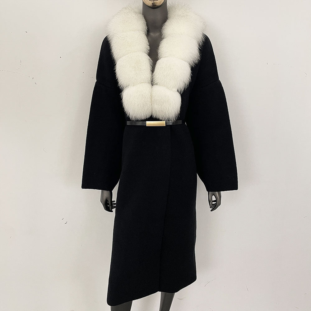 Förtjockad lång räv pälskrage europeisk och amerikansk ny lat stil mode kofta stickad tröja jacka kvinnor