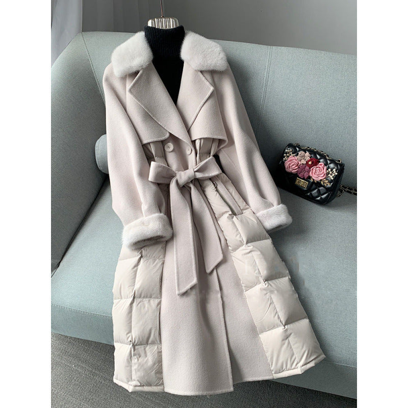 Ny hel mink krage ullrock europeisk version tunn dubbelsidig nylon vit anka dunjacka lång tunn trenchcoat kvinnlig vinter