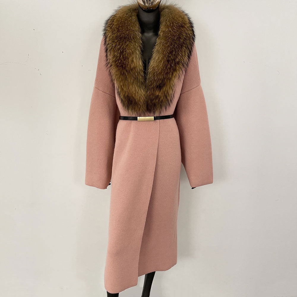 Förtjockad lång räv pälskrage europeisk och amerikansk ny lat stil mode kofta stickad tröja jacka kvinnor