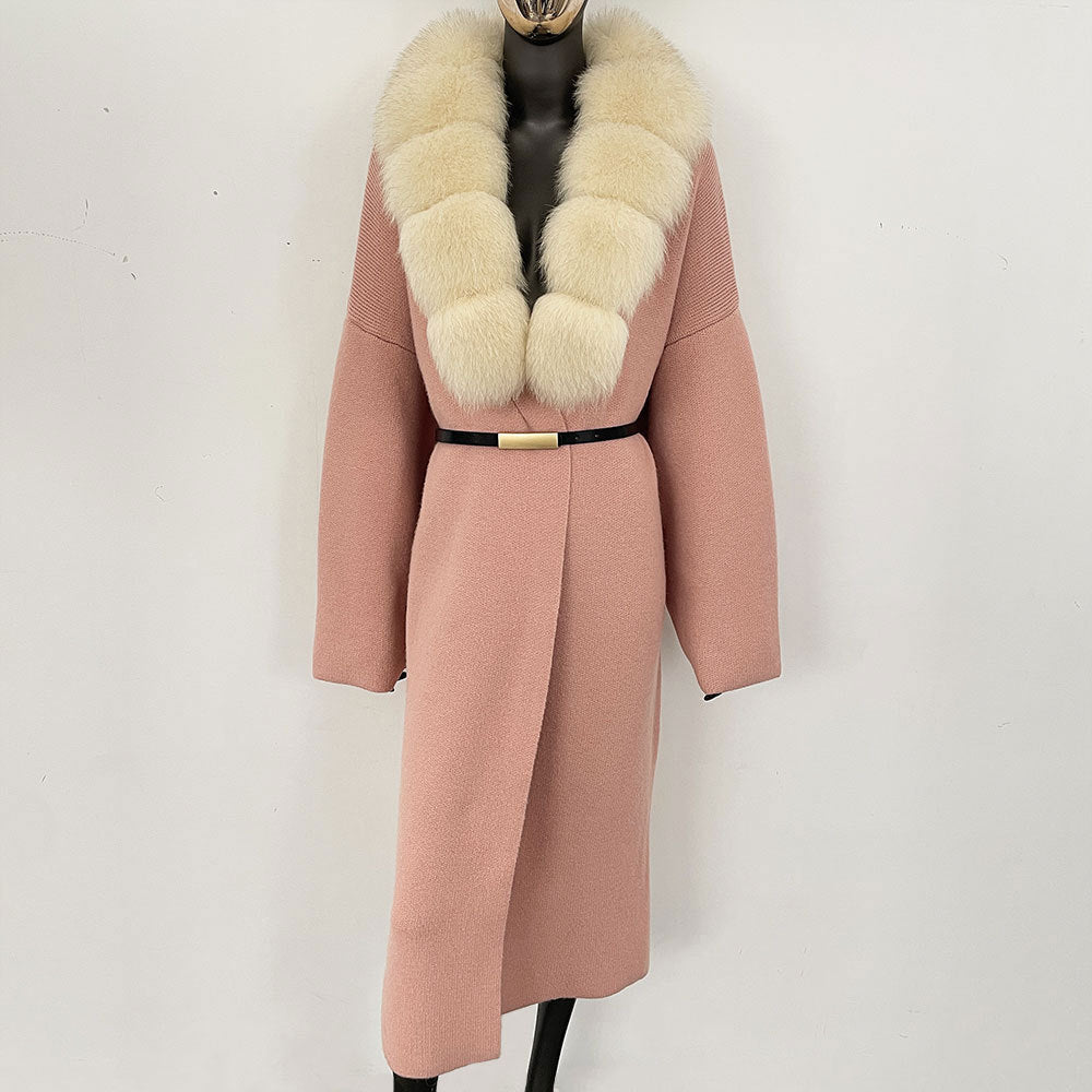 Förtjockad lång räv pälskrage europeisk och amerikansk ny lat stil mode kofta stickad tröja jacka kvinnor