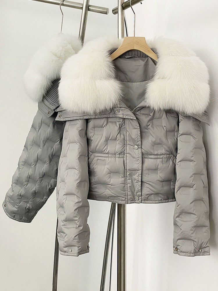 Super snygg koreansk version av storhårig kavaj kort dunjacka för kvinnors vinter explosion geometriska mönster design vit anka dunjacka