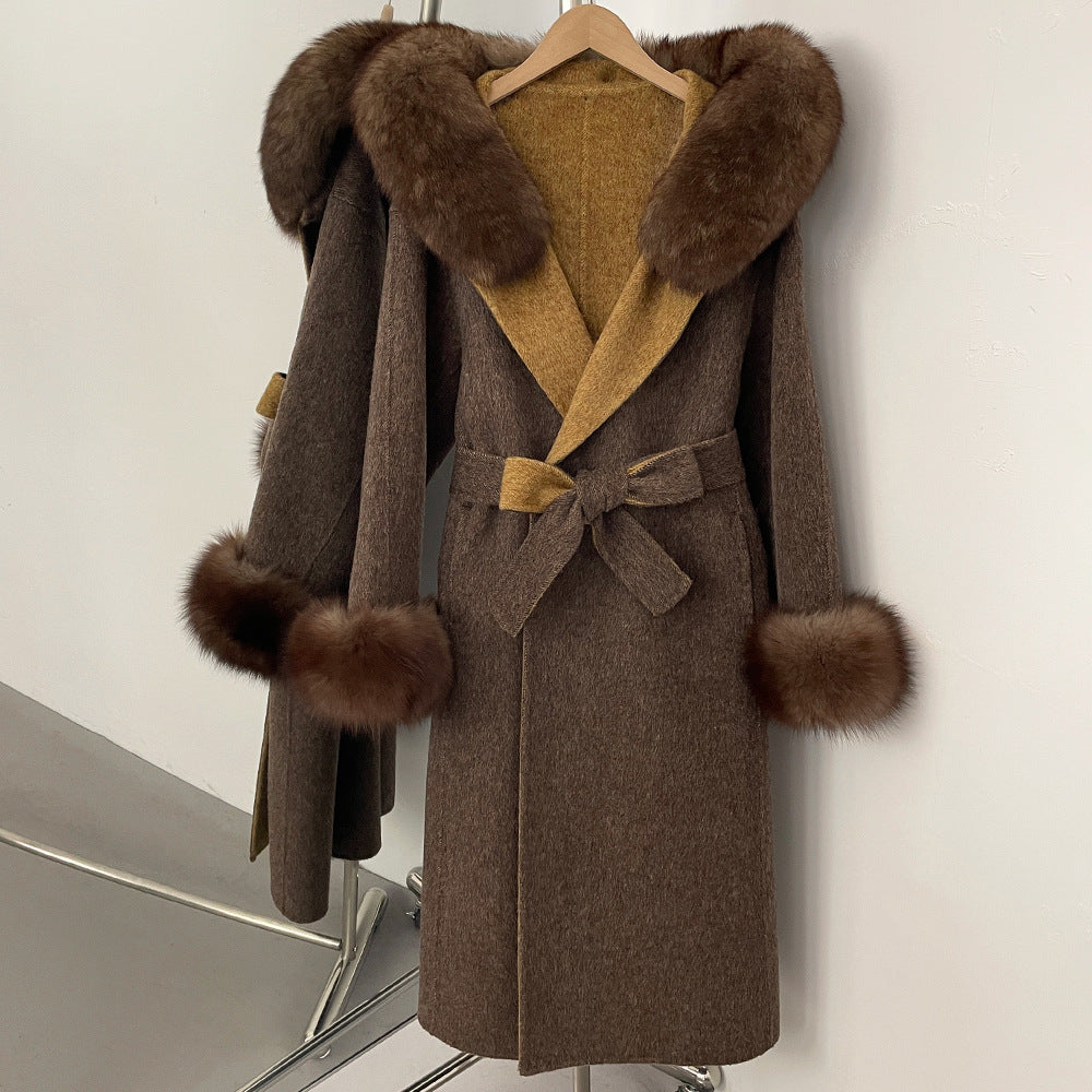 Fabrik direktförsäljning ny 2025 höst och vinter räv päls krage huva dubbelsidig ull kappa dam ull ärmar ull kappa