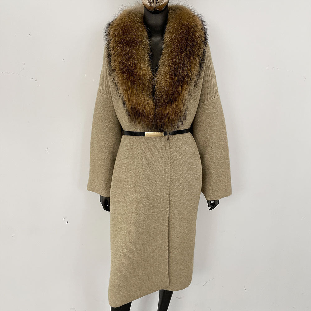 Förtjockad lång räv pälskrage europeisk och amerikansk ny lat stil mode kofta stickad tröja jacka kvinnor