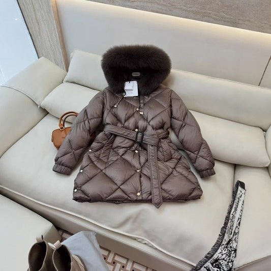 Dunjacka 25 nya kvinnors rävhår stor pälskrage vit anka ner lång diamant midja jacka rävpälskrage