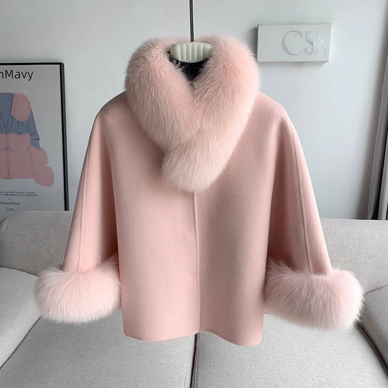 Fox päls jacka kvinnor kort 2024 nya dubbelsidig ull avtagbar sjal