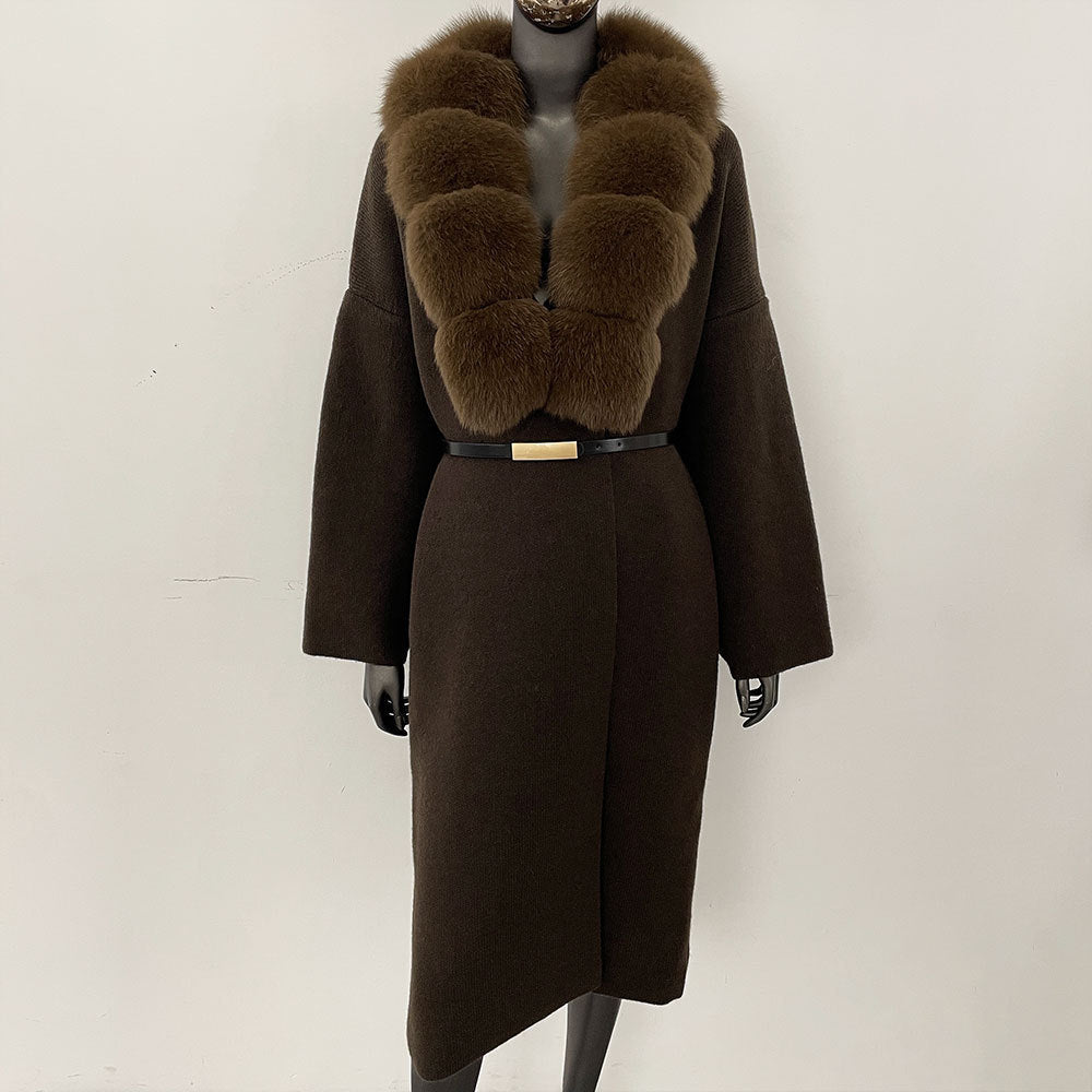 Förtjockad lång räv pälskrage europeisk och amerikansk ny lat stil mode kofta stickad tröja jacka kvinnor