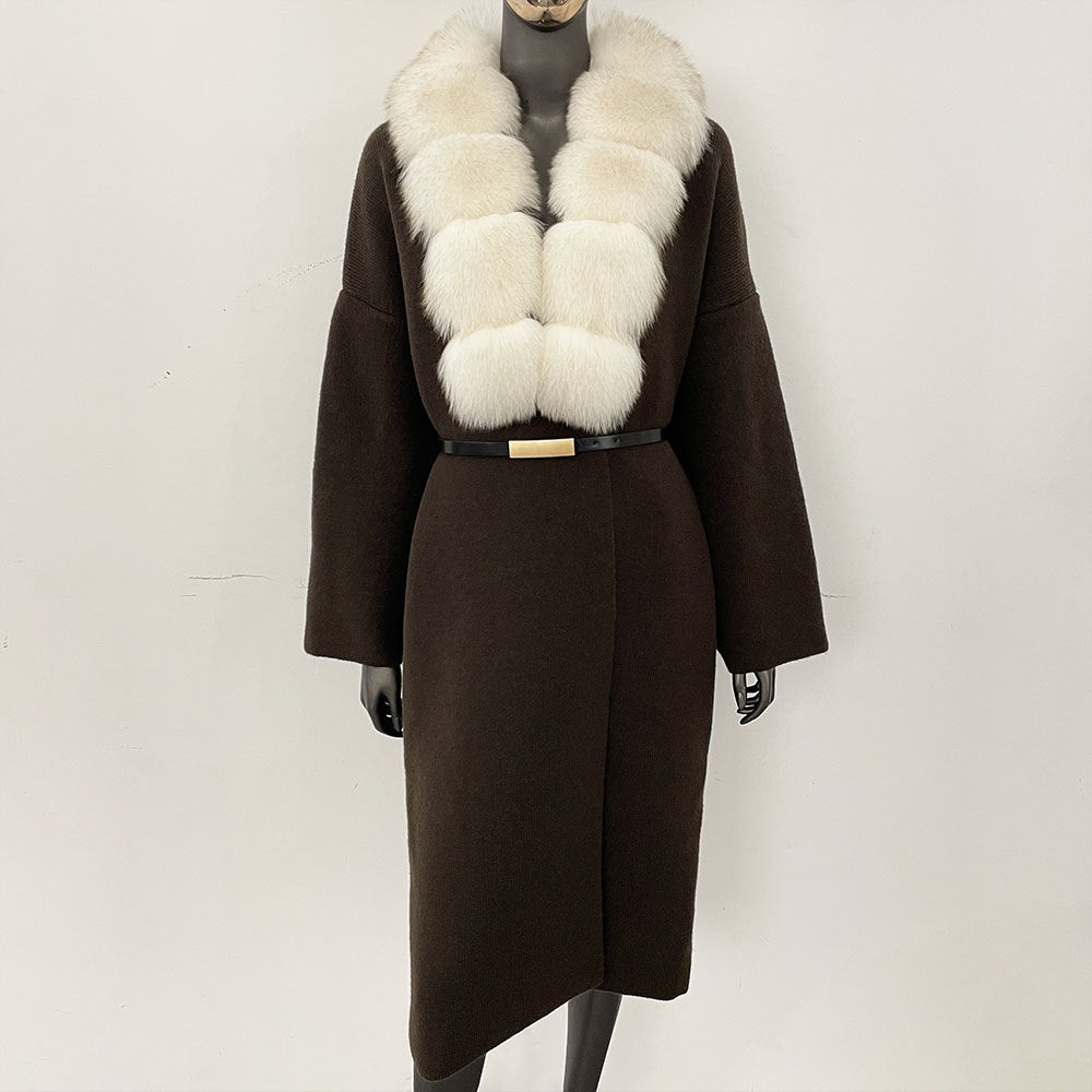 Förtjockad lång räv pälskrage europeisk och amerikansk ny lat stil mode kofta stickad tröja jacka kvinnor