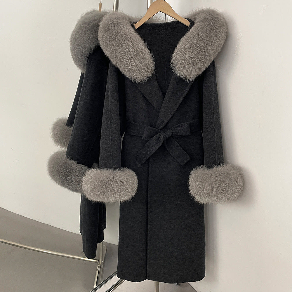 Fabrik direktförsäljning ny 2025 höst och vinter räv päls krage huva dubbelsidig ull kappa dam ull ärmar ull kappa