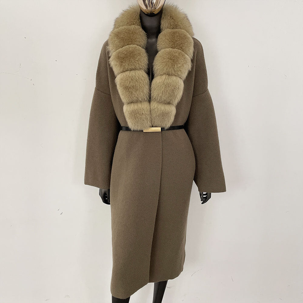 Förtjockad lång räv pälskrage europeisk och amerikansk ny lat stil mode kofta stickad tröja jacka kvinnor