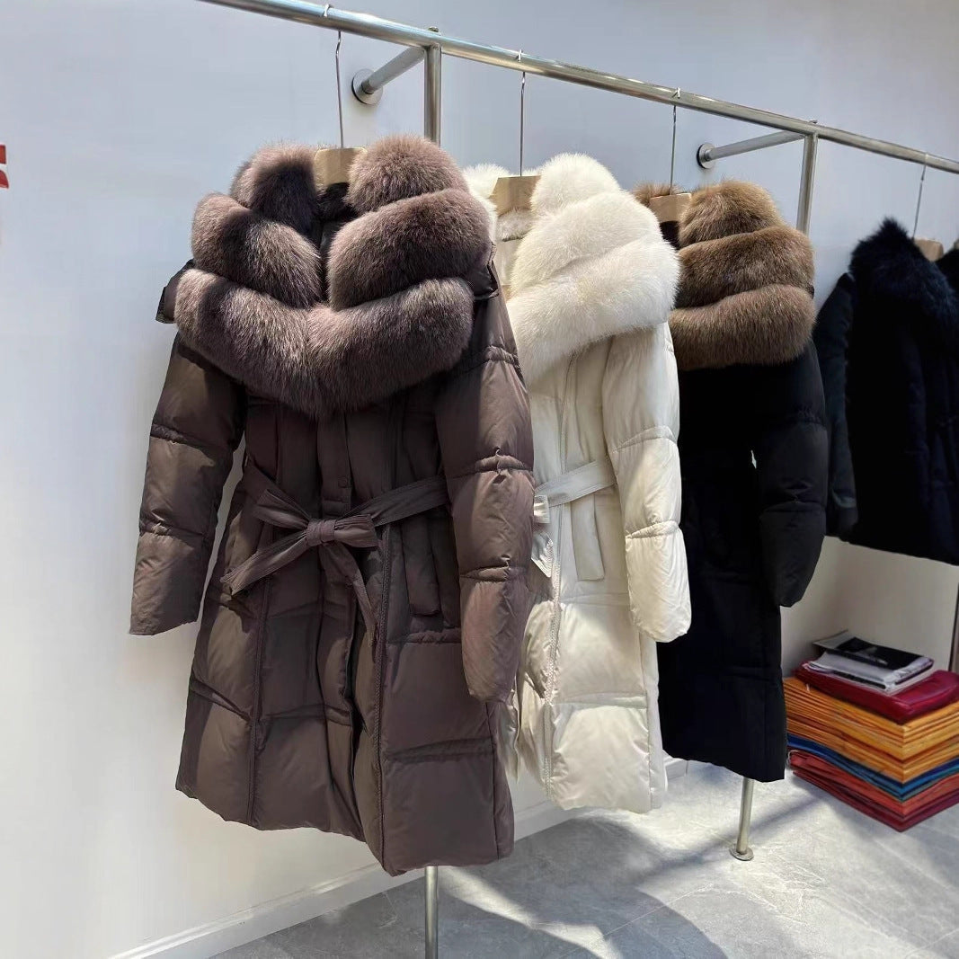 Kvinnors överdimensionerade räv päls krage vinter nytt mode främmande utseende tunn medium och lång kavaj vit anka dunjacka kvinnor
