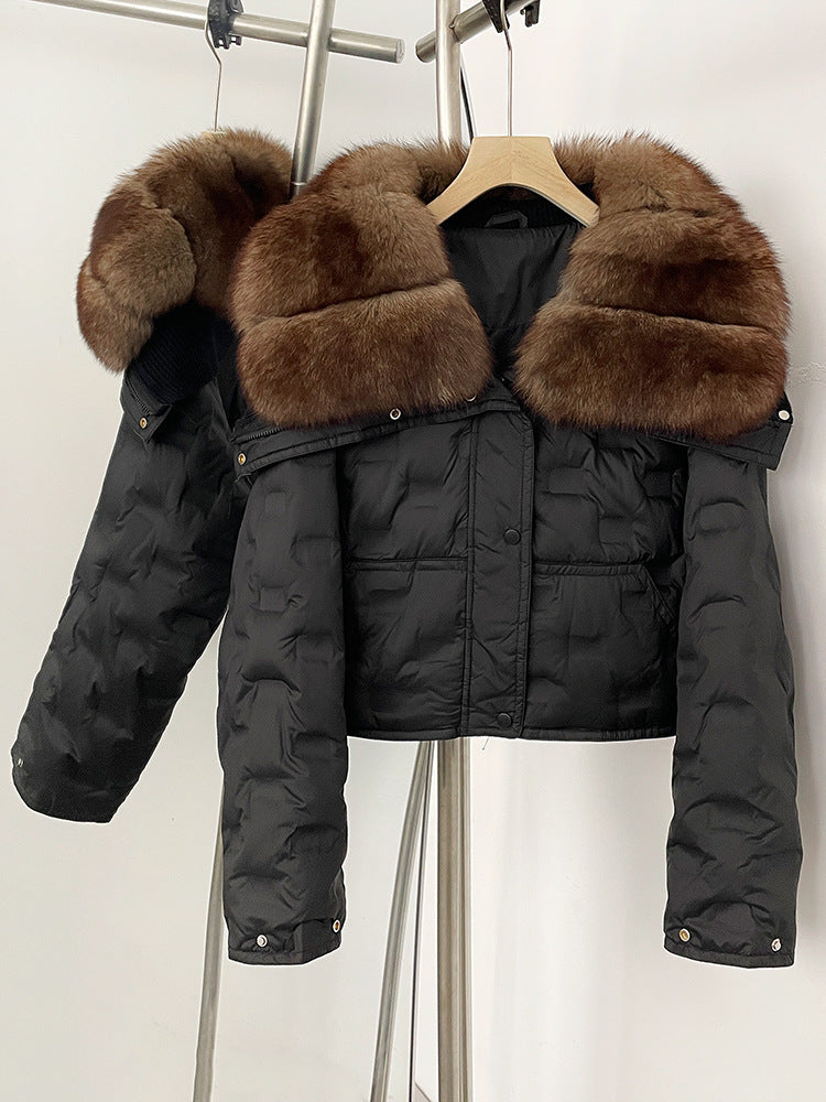 Super snygg koreansk version av storhårig kavaj kort dunjacka för kvinnors vinter explosion geometriska mönster design vit anka dunjacka